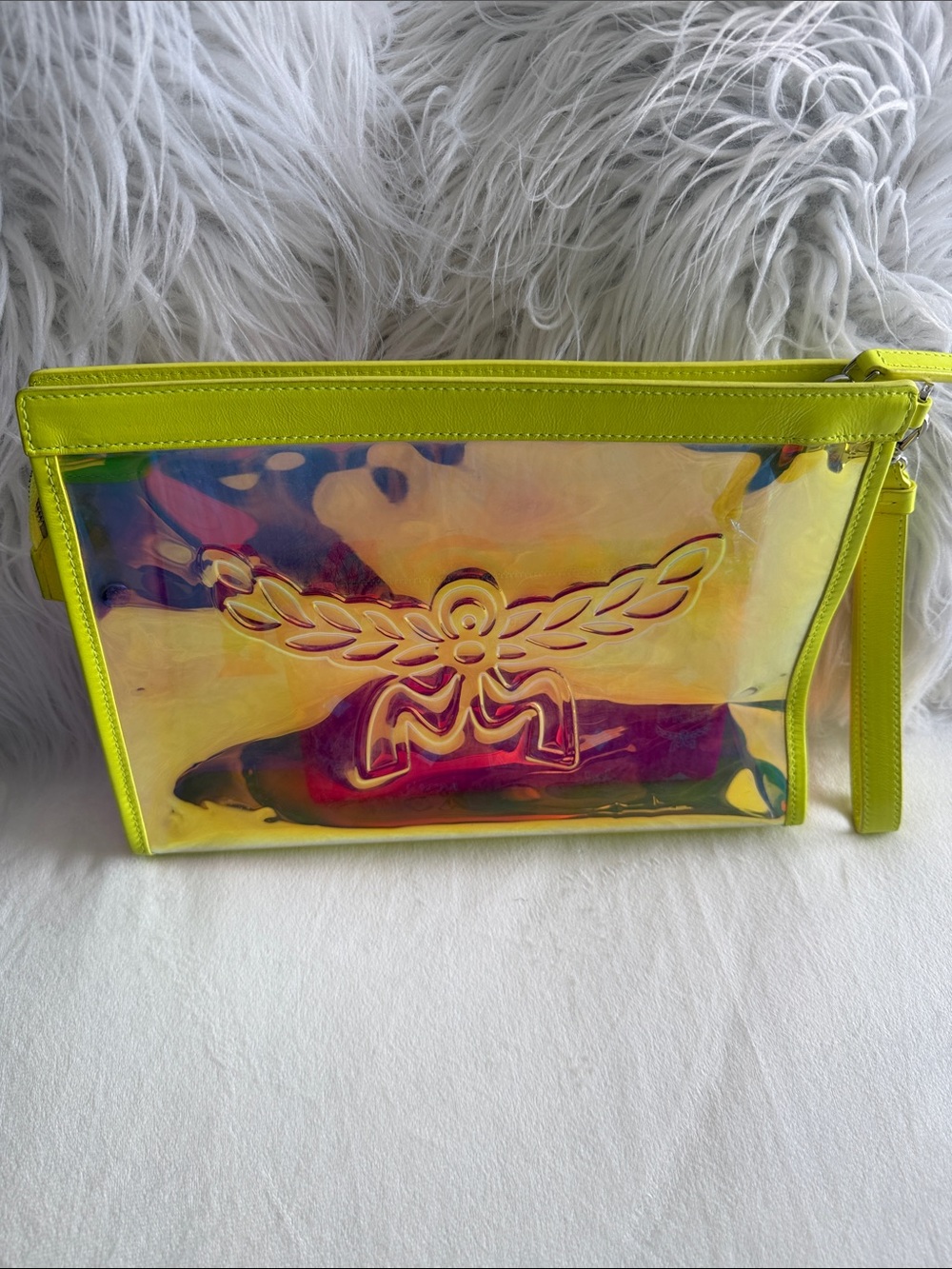 MCM Neon Yellow Iridescent Logo Wristlet Clutch - Picture 3 of 4